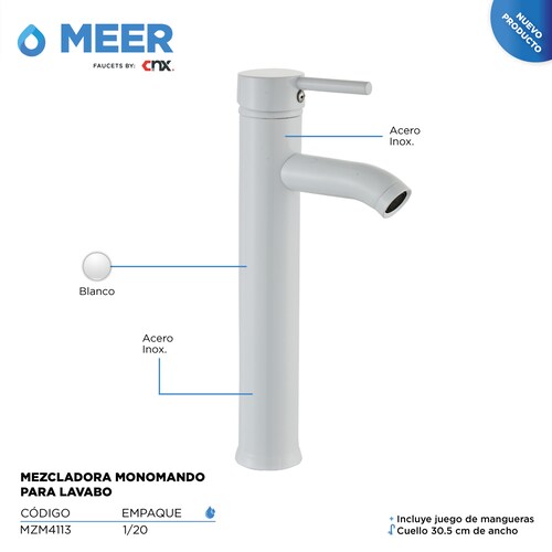 CNX Mezcladora Monomando para Lavabo, Fabricada en Acero Inoxidable, Instalación fácil y Rápida, incluye juego de mangueras