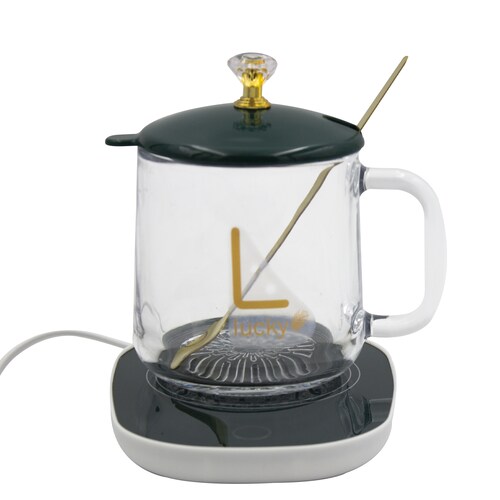 Taza de Cristal C/Base Eléctrica para Calentar Bebidas  55C Verde.