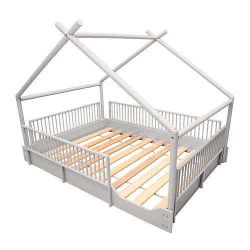 Cama Matrimonial de madera Montessori con barandales removibles .