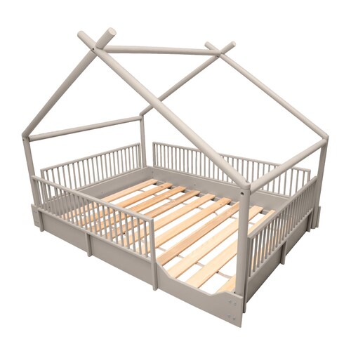 Cama Matrimonial de madera Montessori con barandales removibles .