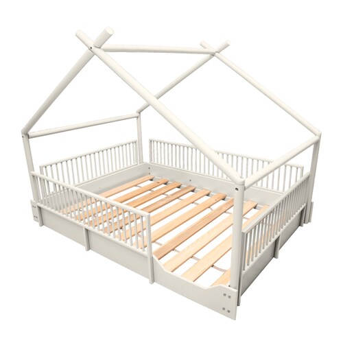 Cama Matrimonial de madera Montessori con barandales removibles .