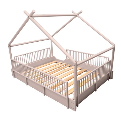 Cama Matrimonial de madera Montessori con barandales removibles .