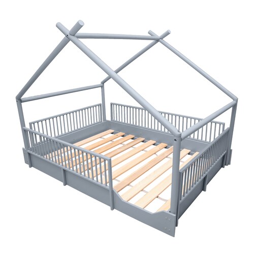 Cama Matrimonial de madera Montessori con barandales removibles .
