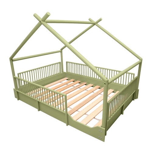 Cama Matrimonial de madera Montessori con barandales removibles .