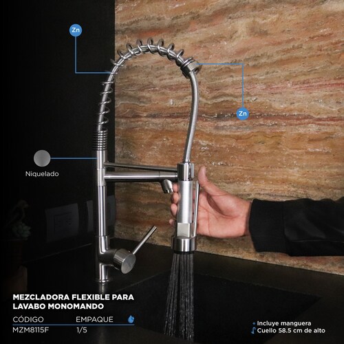 CNX Mezcladora Monomando Flexible para Fregadero Niquelado.