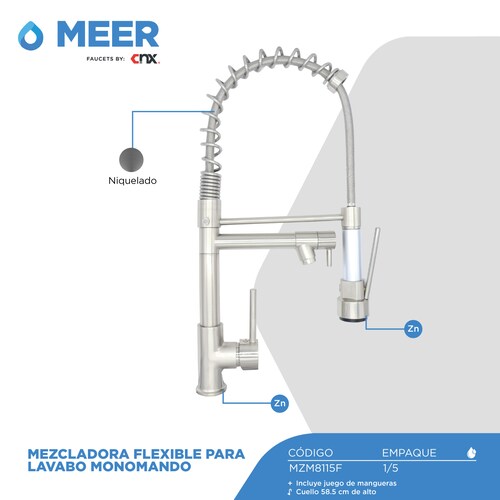 CNX Mezcladora Monomando Flexible para Fregadero Niquelado.