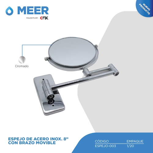 CNX Espejo de Acero Inoxidable 8 Pulgadas con Brazo Movible (Ideal para maquillaje y aseo facial)