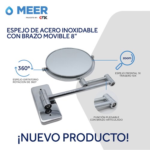 CNX Espejo de Acero Inoxidable 8 Pulgadas con Brazo Movible (Ideal para maquillaje y aseo facial)