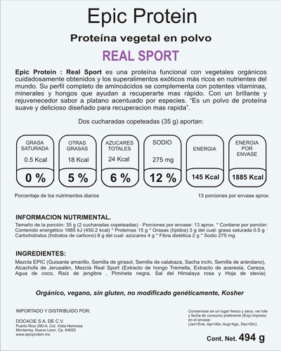 Proteína en polvo Orgánica Epic Protein sabor Real Sport