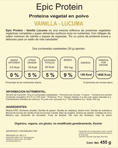 Proteína en polvo Orgánica Epic Protein sabor Vanilla Lúcuma