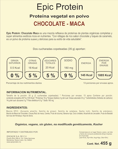 Proteína en polvo Orgánica Epic Protein sabor Chocolate Maca