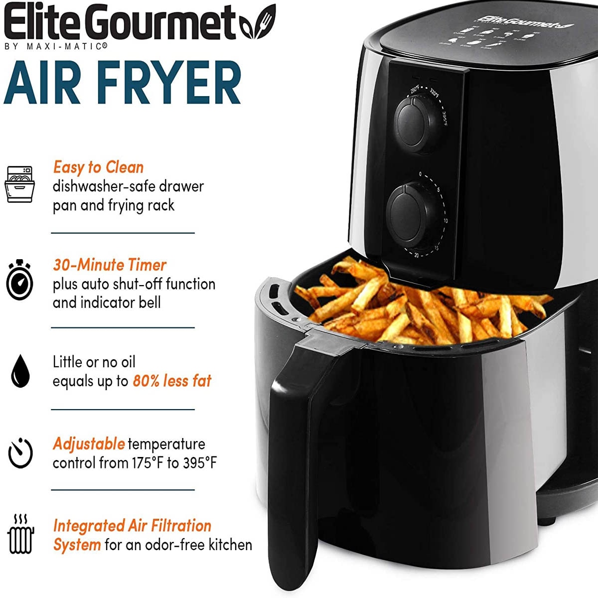 Freidora De Aire 4QT. Elite Gourmet Negra