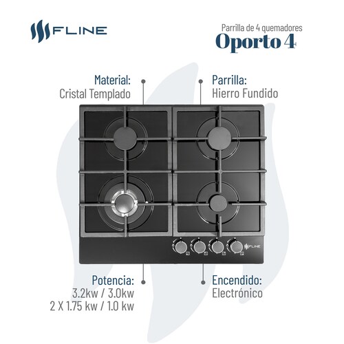 Parrilla de Gas Empotrable 4 Quemadores  Vidrio templado | Oporto 4 | FLINE