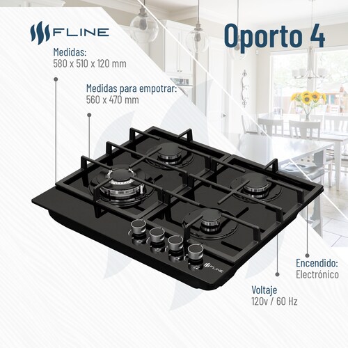 Parrilla de Gas Empotrable 4 Quemadores  Vidrio templado | Oporto 4 | FLINE