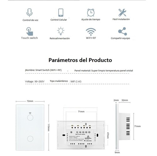 Interruptor pared inalámbrico Control por voz apagador luz LED táctil WiFi Alexa Google Home blanco