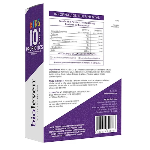 Probióticos Kids 10 Billones Bioleven 20 Tabletas 3+