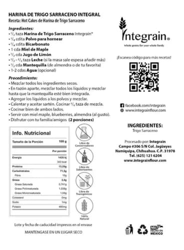 Harina De Trigo Sarraceno Integral 830g Integrain Orgánica
