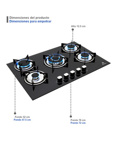 Parrilla de gas empotrable de 76cm con 5 quemadores SUPRA BRIONI cubierta de cristal templado negro