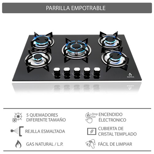 Parrilla de gas empotrable de 76cm con 5 quemadores SUPRA BRIONI cubierta de cristal templado negro