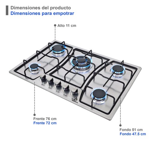 Parrilla de gas empotrable de 76cm con 5 quemadores SUPRA ZEGNA de acero inoxidable