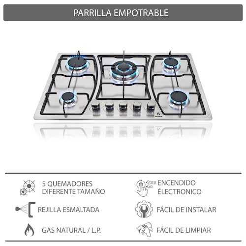 Parrilla de gas empotrable de 76cm con 5 quemadores SUPRA ZEGNA de acero inoxidable