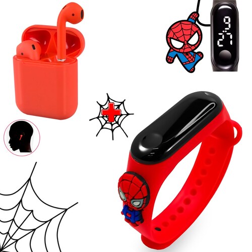 Reloj Led Digital Para Niños Personajes De Dibujos Animados Reloj De Banda Infantil Mas Audifonos Bluetooth Inalambrico i12 Android Color Rojo