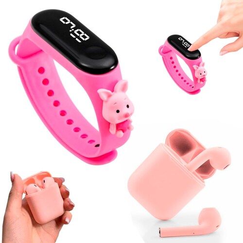 Reloj Led Digital Para Niños Personajes De Dibujos Animados Reloj De Banda Infantil Mas Audifonos Bluetooth Inalambrico i12 Android Color Rosa