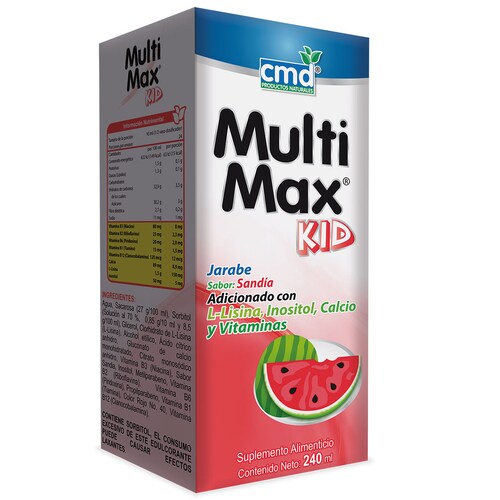 Multimax Kid, 240 ml, Jarabe Sabor Sandía, L-Lisina, Inositol, Calcio, Vitamina