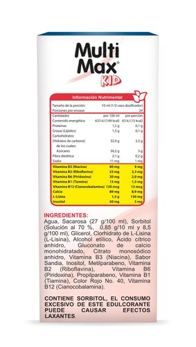 Multimax Kid, 240 ml, Jarabe Sabor Sandía, L-Lisina, Inositol, Calcio, Vitamina