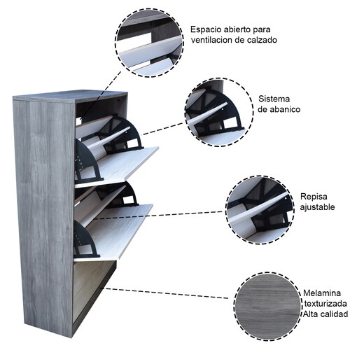 Organizador De Zapatos Hogare, Mueble Zapatero Madera, Venecia Funcional e Inteligente Gris Blanco