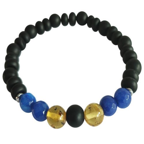 Pulso Ámbar, Onix Mate Negro Y Ágata Azul De Caballero