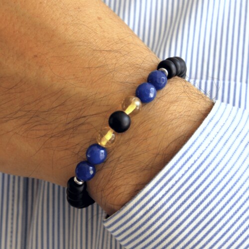 Pulso Ámbar, Onix Mate Negro Y Ágata Azul De Caballero