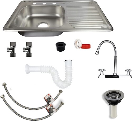 Kit Completo De Tarja con Escurridero (Derecho) Con Mezcladora Flexible Para Fregadero, Tarjas Sencillas