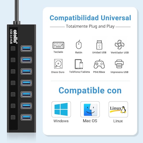 ATOLLA 7 Puertos Hub USB 3.0 Hub USB 3.0 de 7 Puertos c vo Mac OS Windows y Linux