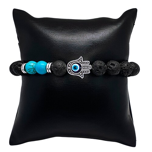Pulsera de hombre ojo turco y mano de Fátima con piedra volcánica y piedra turquesa