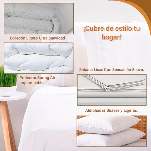 Protector Matrimonial Spring Air Impermeable + Edredón Ligero + Sábana Lisa y 2 Almohadas GRATIS
