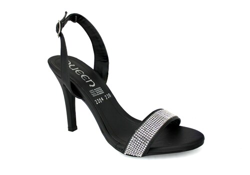 Zapatillas QUEEN En Color Negro Para Dama Elegantes con Pedrierías Tacón Delgado Tira Talón 