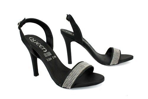 Zapatillas QUEEN En Color Negro Para Dama Elegantes con Pedrierías Tacón Delgado Tira Talón 