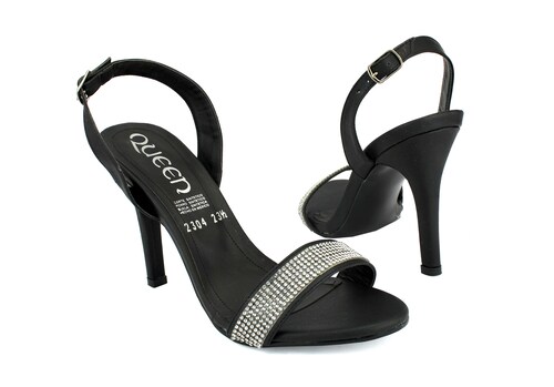 Zapatillas QUEEN En Color Negro Para Dama Elegantes con Pedrierías Tacón Delgado Tira Talón 
