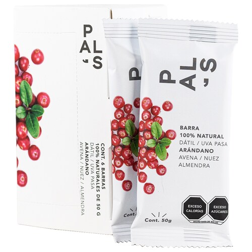 PAL'S Snacks barra de proteina 100% natural y Vegana, sabor Arándano, 50 gr, 6 barras
