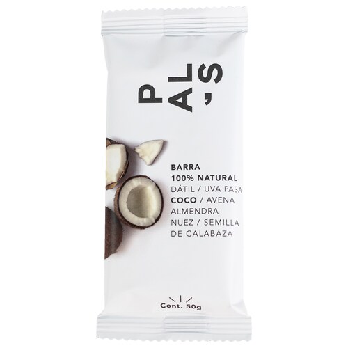 PAL'S Snacks barra de Proteina 100% Natural y Vegana, sabor Coco Rallado & Semilla de Calabaza, 50 gr, 6 barras
