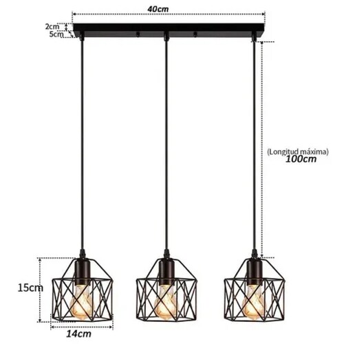 Lámpara Colgante Industrial E26 E27 De 40 Cm, Negro, 3 En 1