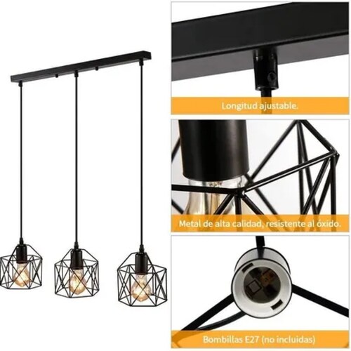 Lámpara Colgante Industrial E26 E27 De 40 Cm, Negro, 3 En 1