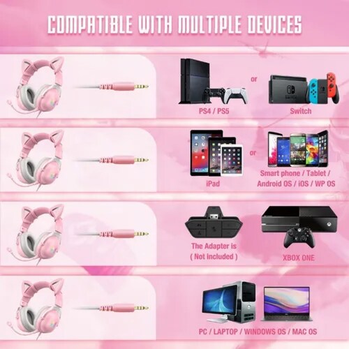 Auriculares Gamer Onikuma K9 Pink Orejas Gato Color Rosa Pc Play con Luz Led