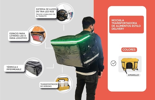 Mochila Transportadora de Alimentos Estilo Bolsa Delivery Ideal para Entregas a Domicilio Térmica Impermeable con Espacio para Letrero Sistema de Luces y Transportador de Bebidas / Master / MP-BAG1Y