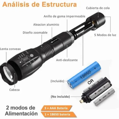Lampara Táctica 3000 Lumens Cree Led T6 Recargable