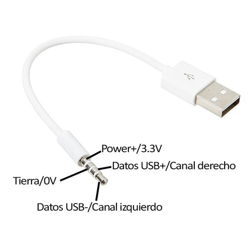 Cable Carga y Datos USB Auxiliar 3.5mm 4 vías iPod Shuffle