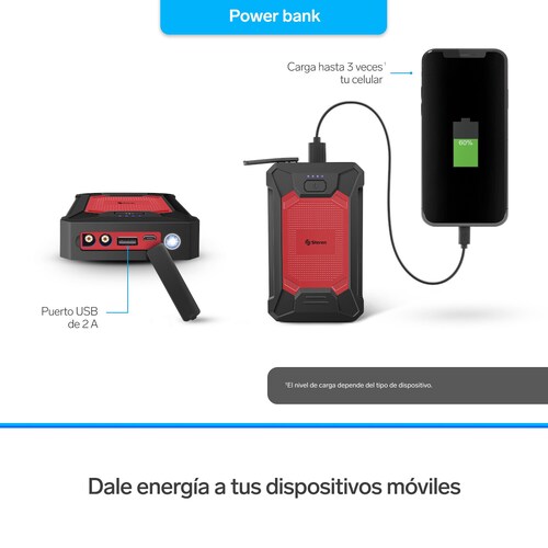 Arrancador para auto compacto, power bank y linterna LED