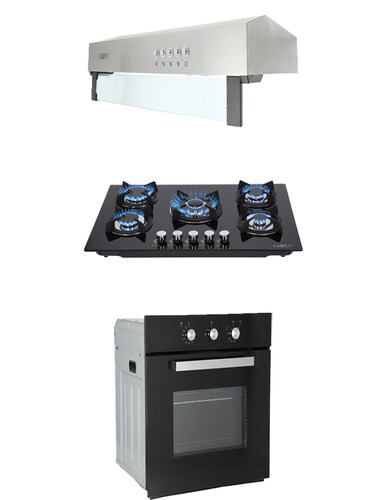 COMBO Parrilla de Cristal 76 cm Cristal Templ Negro y Campana Estandar Acero Inox 75 Cm + Horno Gas 60 cm.