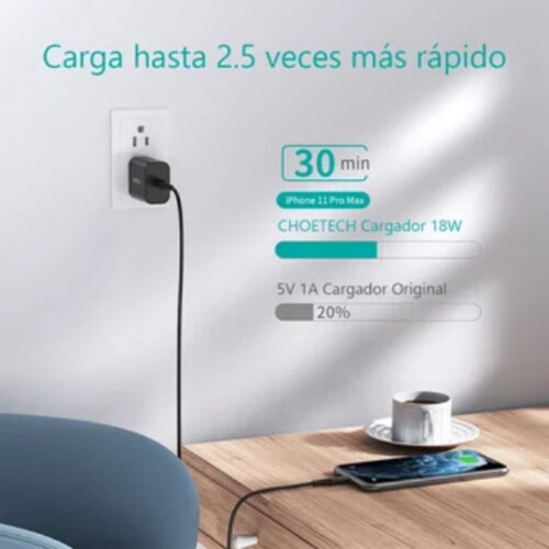 Cargador de Pared Tipo C Carga Rapida PD 20W Negro